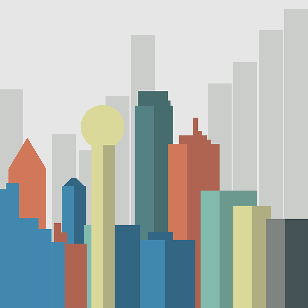 Abstract cityscape illustration featuring colorful geometric shapes representing various commercial buildings and urban development.