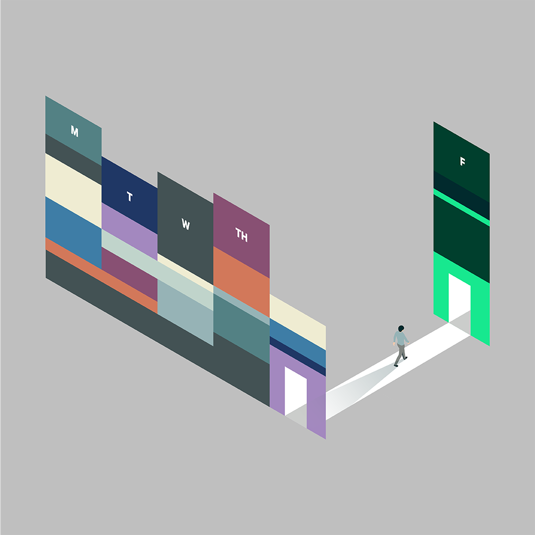 Stylized visual of a business person navigating the work week, moving from M-TH towards a vibrant green open door on Friday, representing project completion or achieving a strategic goal.