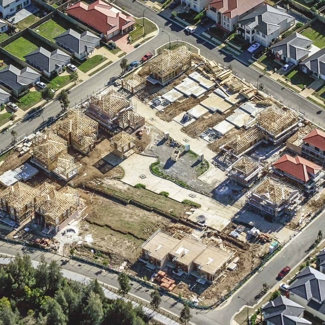Aerial view of a new housing development under construction.