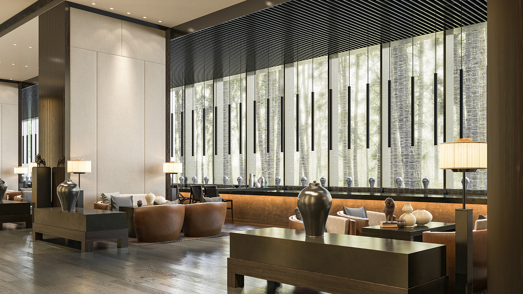 Contemporary hotel lobby with lounge seating, decorative lighting, and floor-to-ceiling windows overlooking a landscaped outdoor setting.