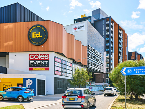 Mixed-use town centre featuring a shopping centre, residential apartments and local amenities within a vibrant urban precinct.