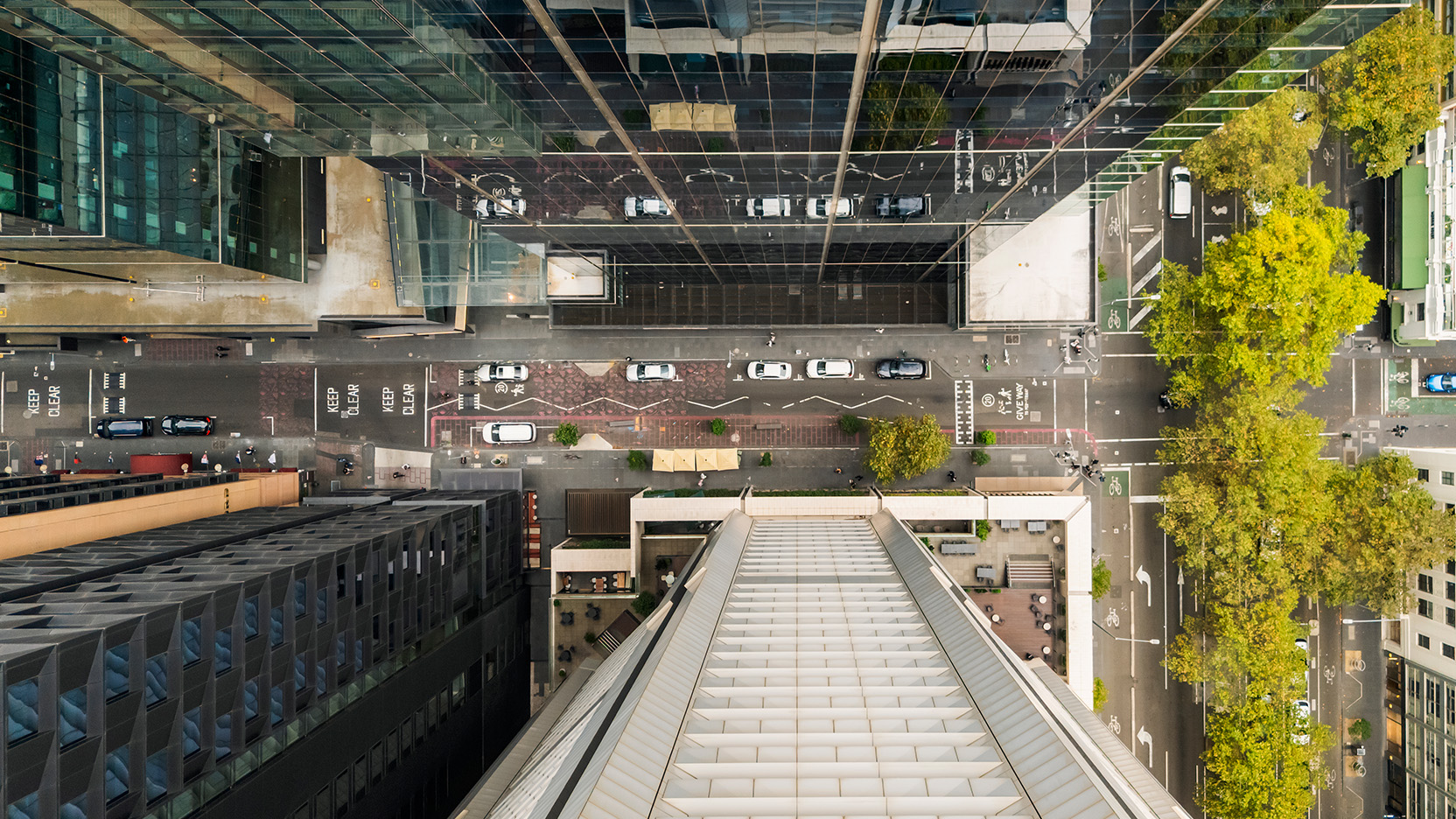Top-down aerial view of a city street between modern high-rise buildings, with cars, bike lanes, sidewalks, and trees lining the road in a dense urban area.
