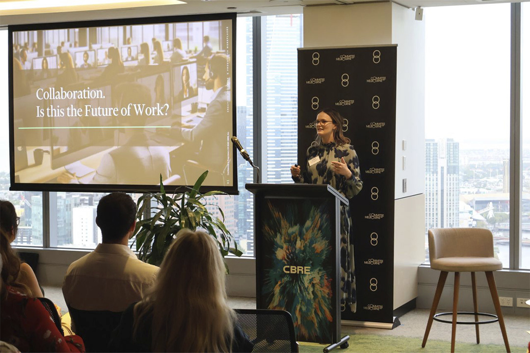 Felicity Marshall speaking at a CBRE event about the future of work.