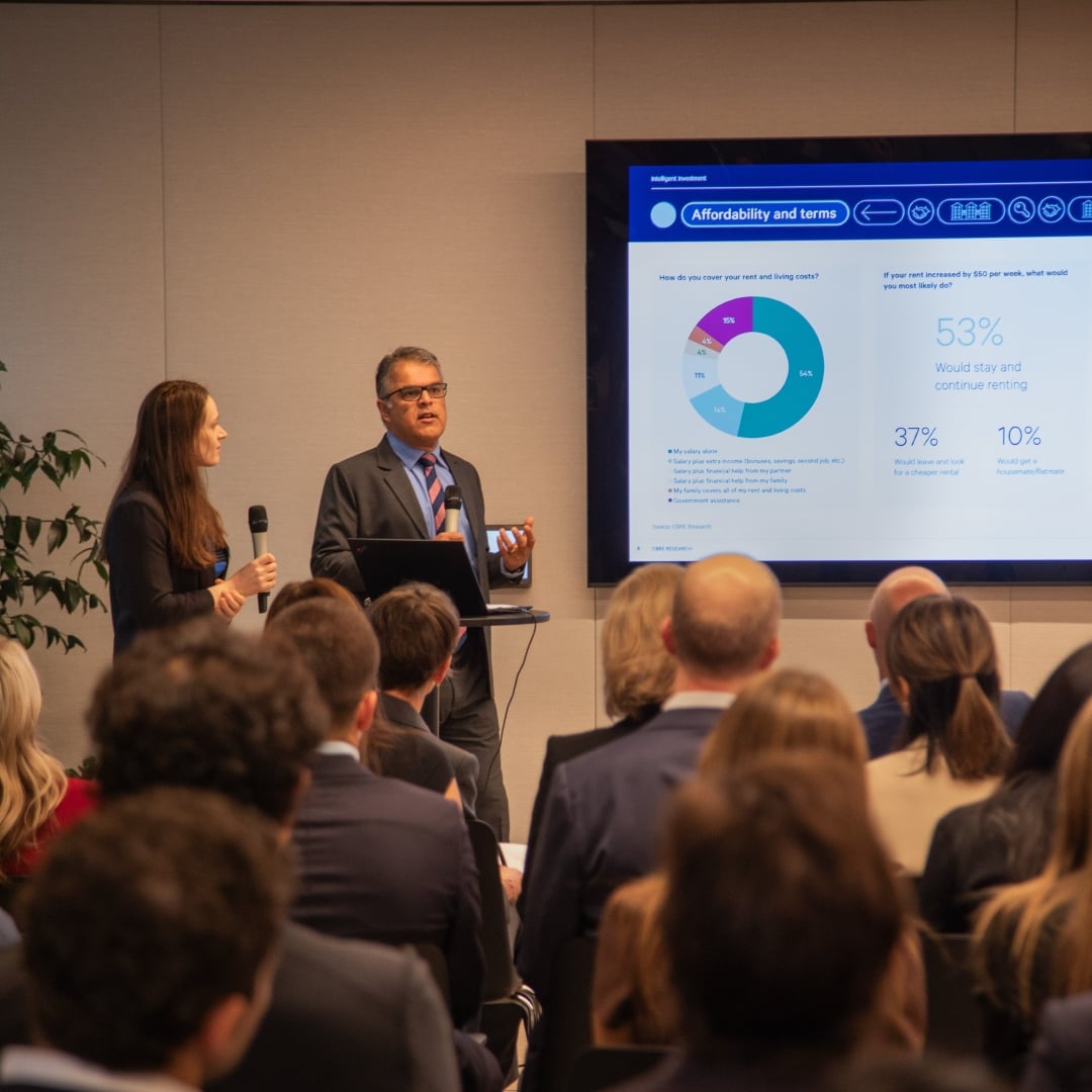 Sameer Chopra presenting at CBRE's Living Sectors Unlocked event. 