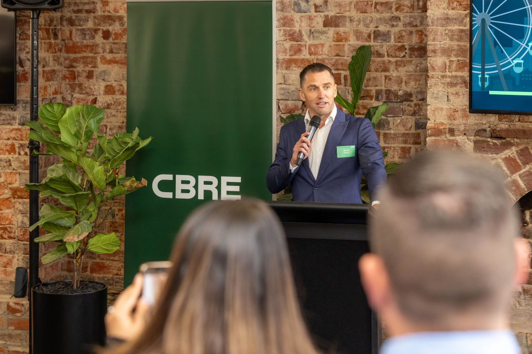 Jarrod Frazer delivers a speech at the opening of CBRE's Geelong office.