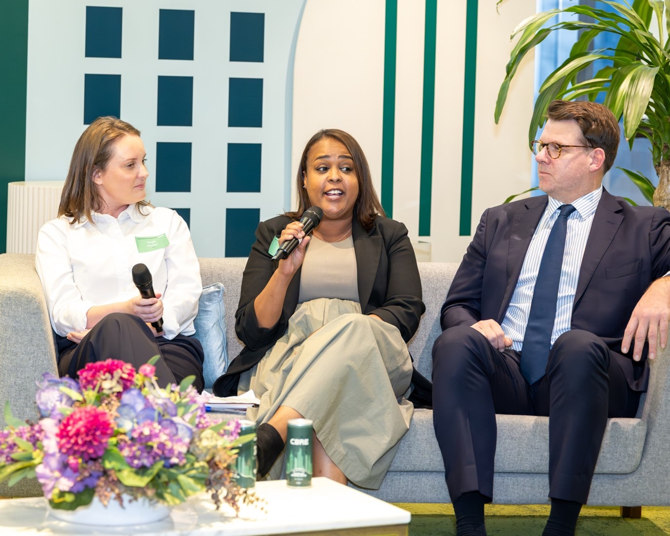 Fatima Mohamed, Andrew Purdon, and Steph Harper participate in a panel discussion at the Living Imperatives event in Melbourne.