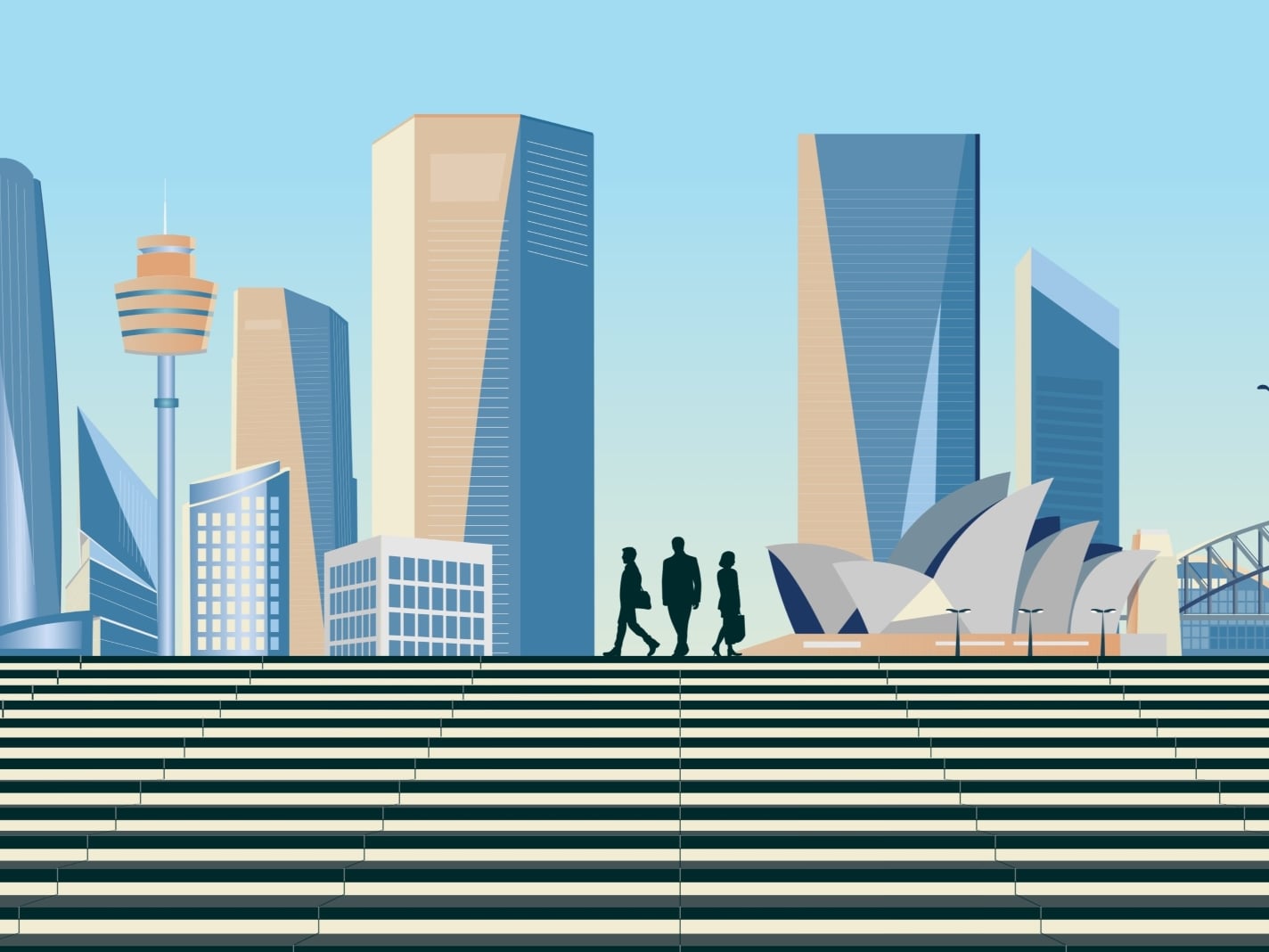 An illustrative cityscape of Sydney, featuring the Opera House and Harbour Bridge, with a group of business people walking along a promenade of wide steps.