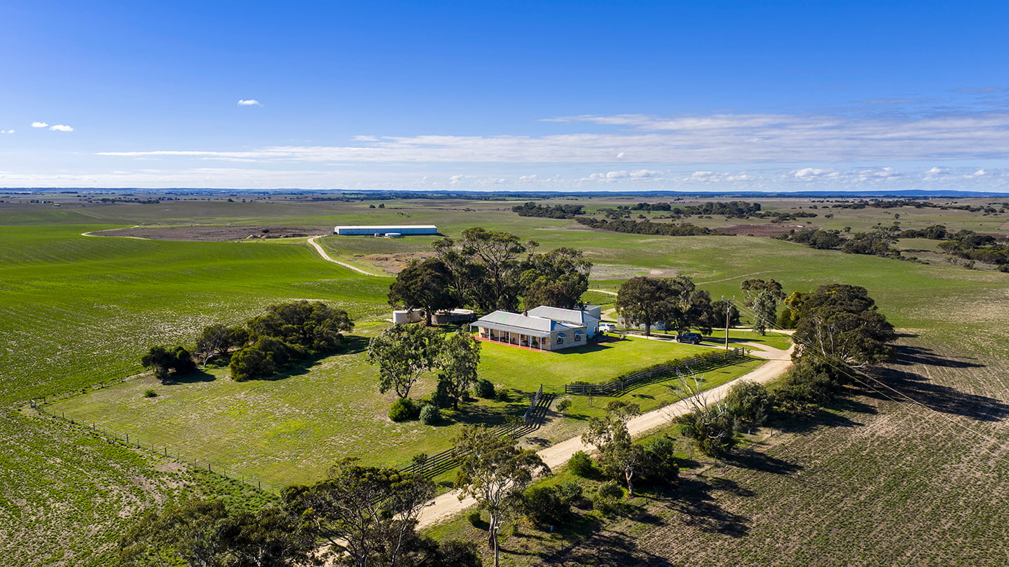 Aerial view of a rural farmstead featuring a farmhouse, outbuildings, tree-lined access road, and surrounding farmland across a gently undulating landscape. 