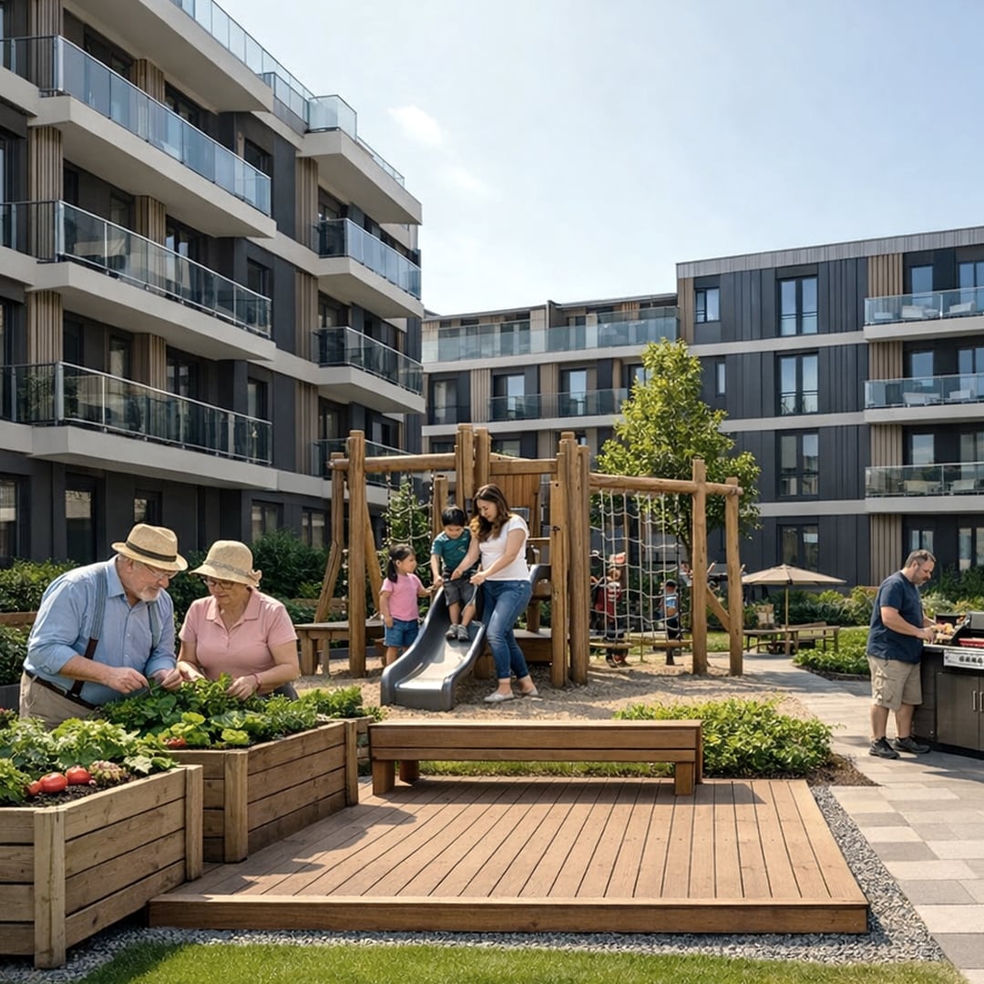 Families and seniors are enjoying various activities in a modern apartment complex courtyard with a playground, raised garden beds, and a barbecue area.