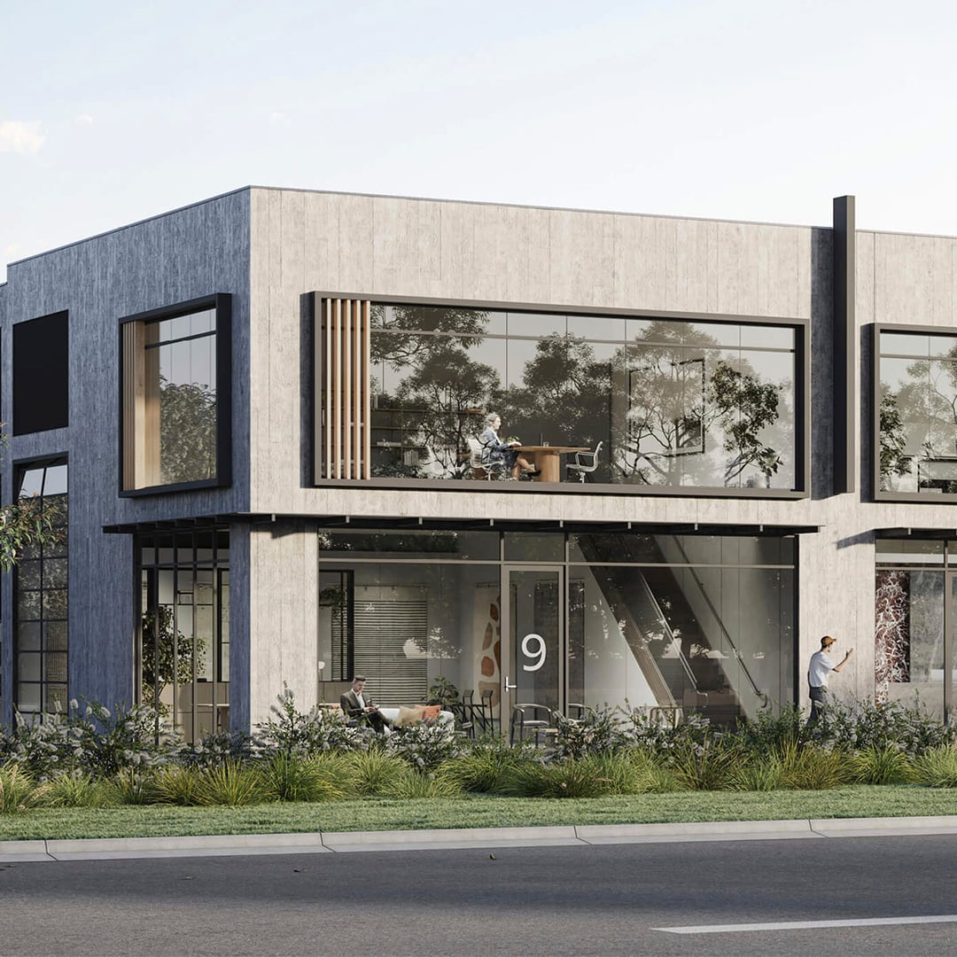 Modern industrial park building with large windows, showcasing a blend of workspace and outdoor amenity.