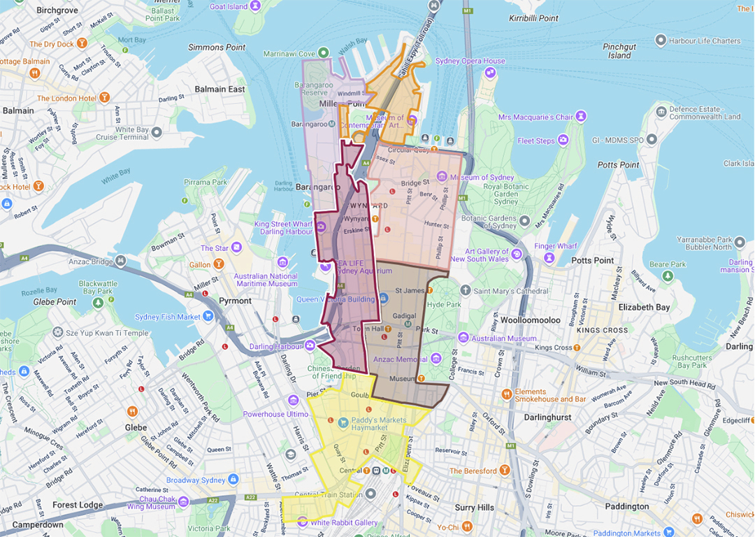 Map highlighting the boundaries of several Sydney suburbs, including Pyrmont, Ultimo, and Surry Hills.