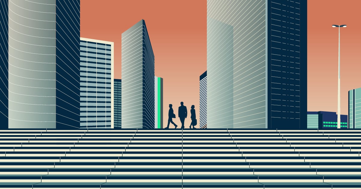 Graphic illustration of three business professional silhouettes walking across wide steps surrounded by stylized commercial high-rise office towers against a warm coral sky representing U.S. urban real estate.