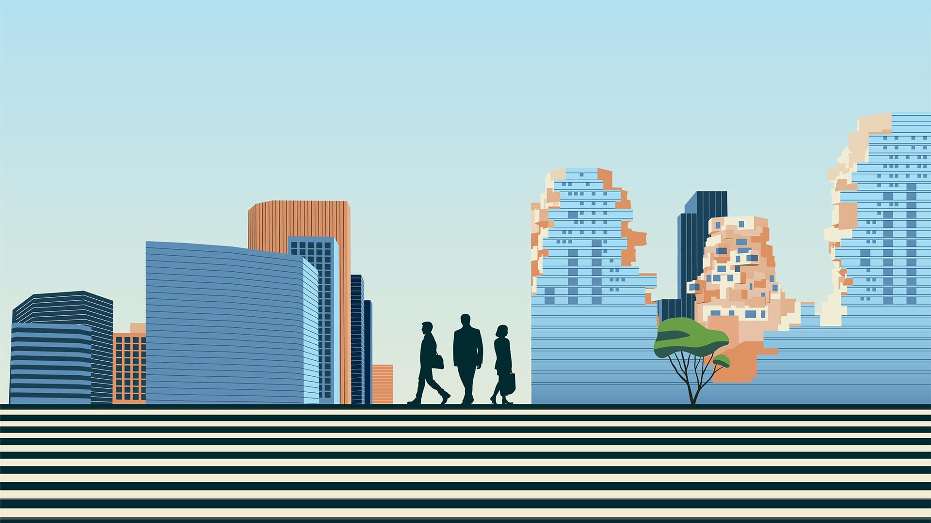 Illustratie van een moderne stadsomgeving met hoge kantoorgebouwen en wandelende silhouetten op een brede trap, passend bij urban lifestyle en zakelijke stedelijke architectuur.