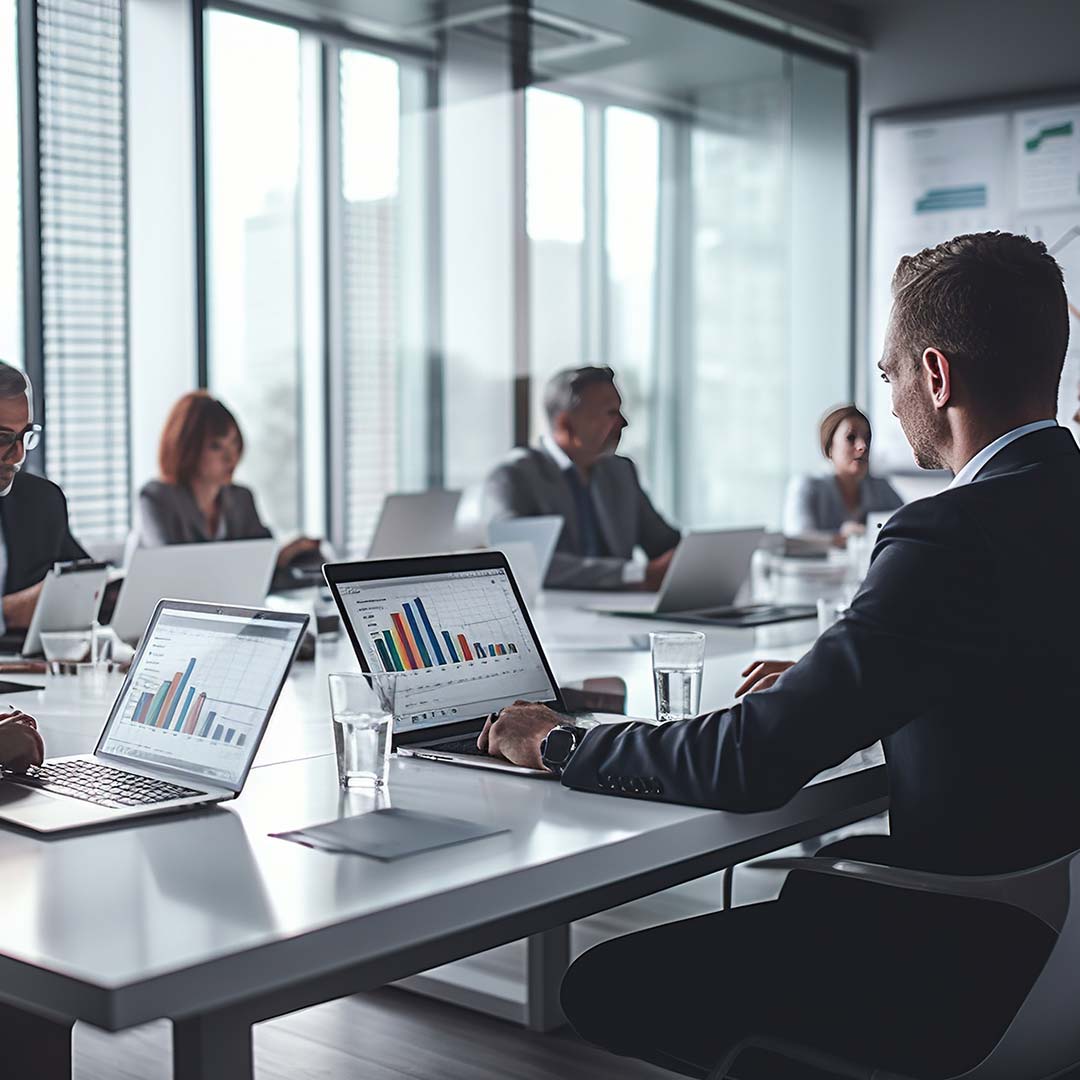Business professionals in a modern office, seated around a table with laptops showing graphs.