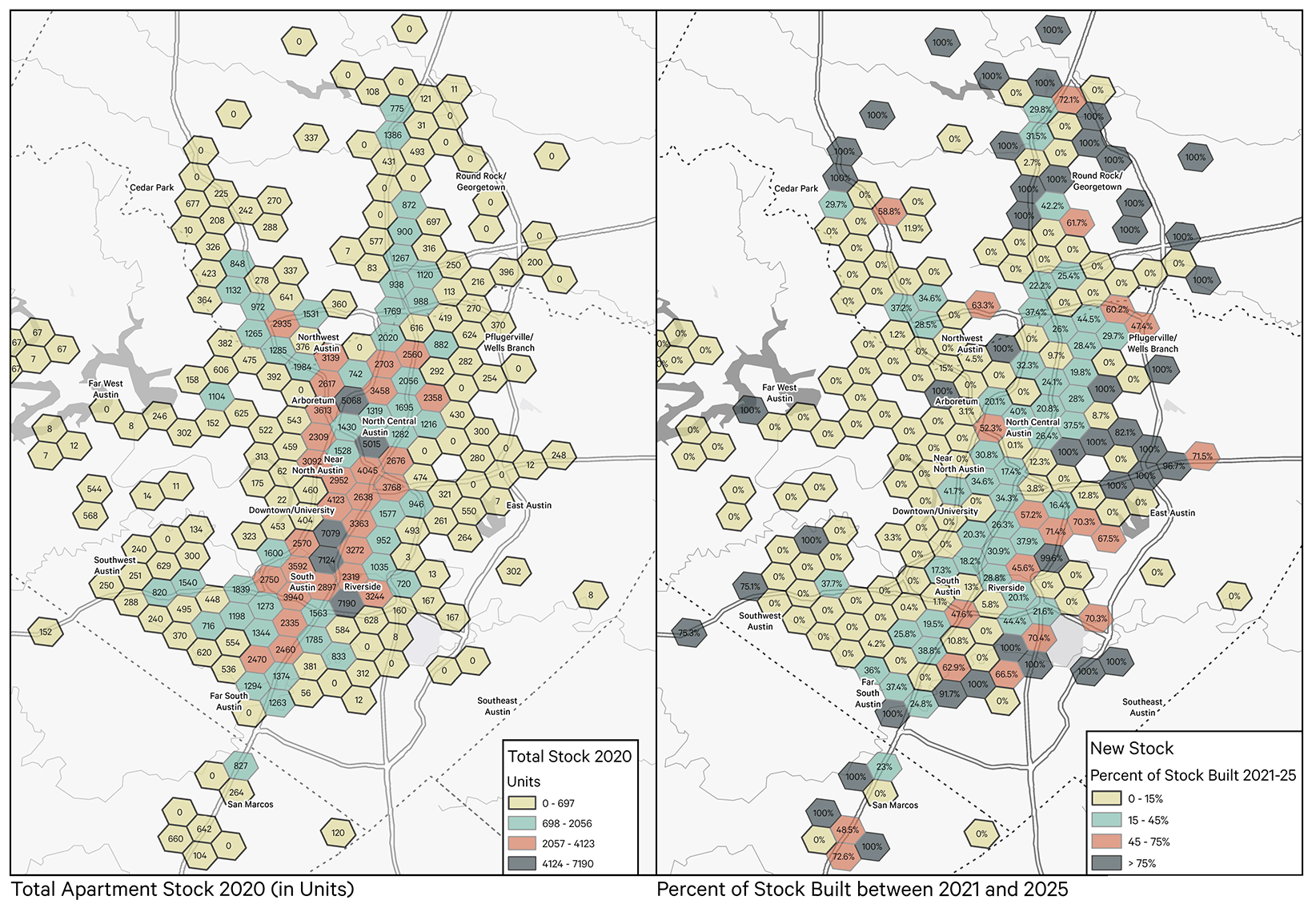 Map showing Austin apartment stock in 2020 and percentage of new stock built from 2021-2025, displayed by geographic hexagons. Data includes unit counts and percentage ranges.