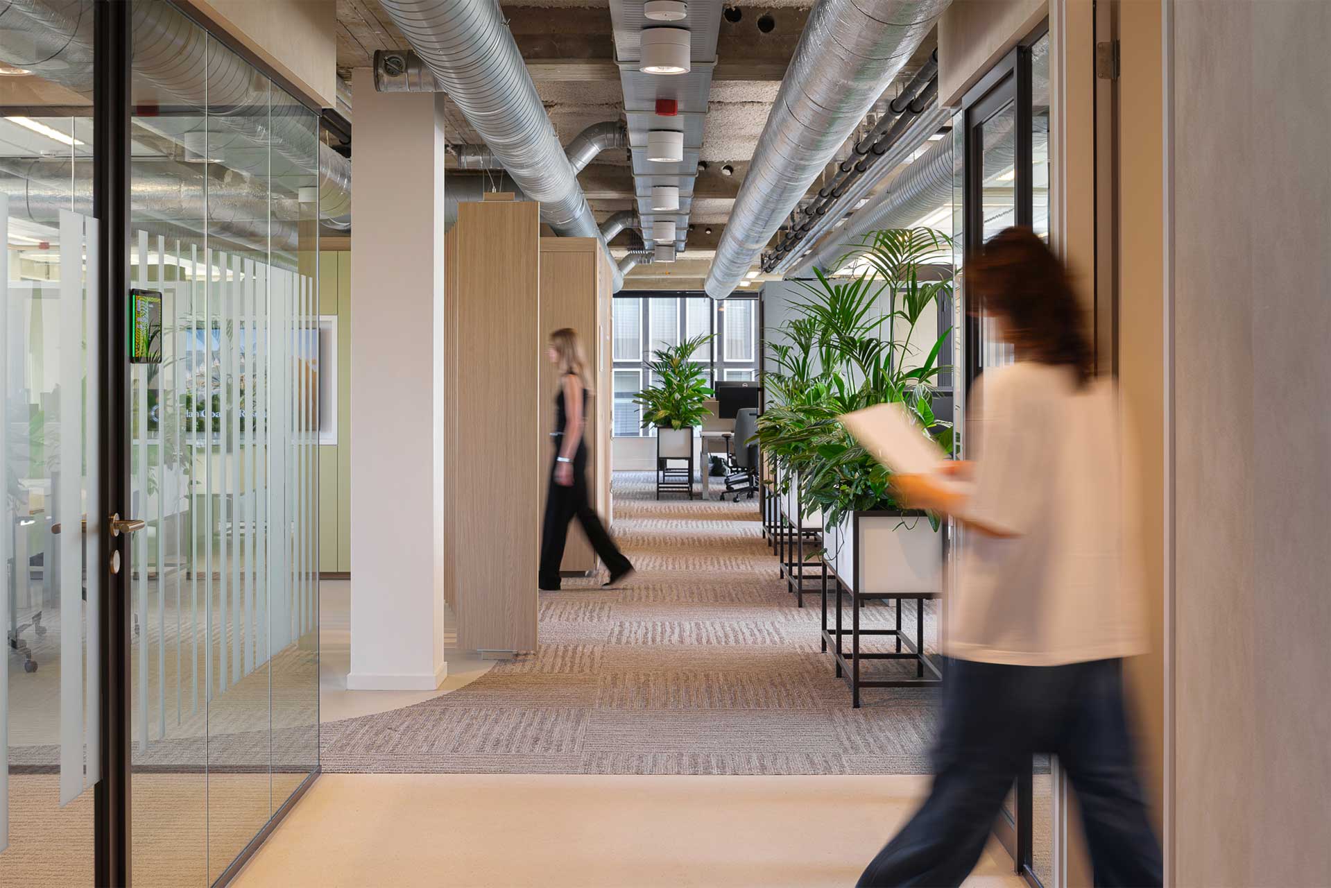 Modern office hallway with glass-walled rooms, green plants, and exposed ceiling ducts. Two blurred figures walk and read, creating a busy, professional atmosphere.