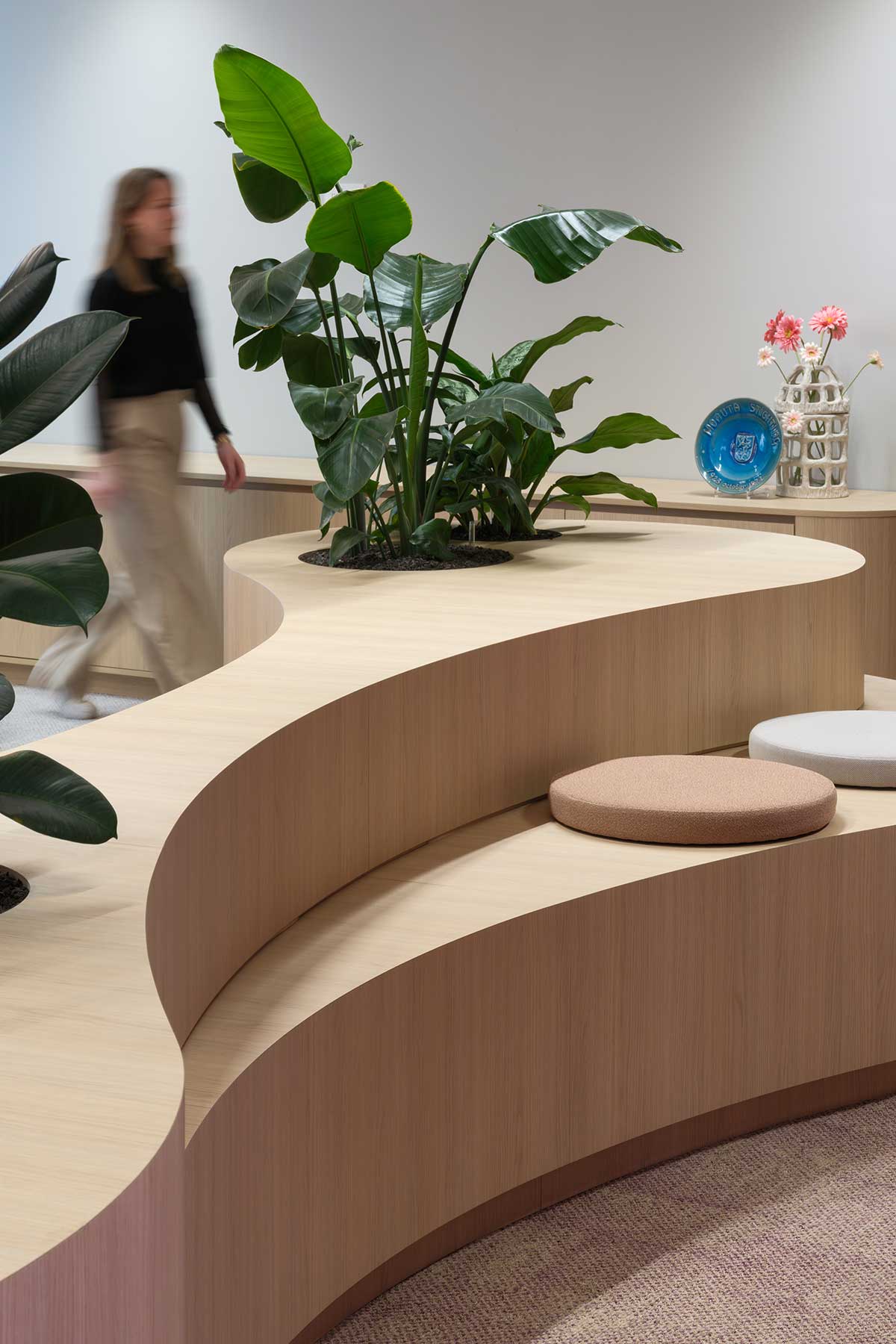 Modern reception and meeting area with organic wooden seating, green plants and contemporary interior details.