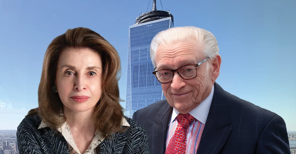 Two people standing in the foreground of a city skyline