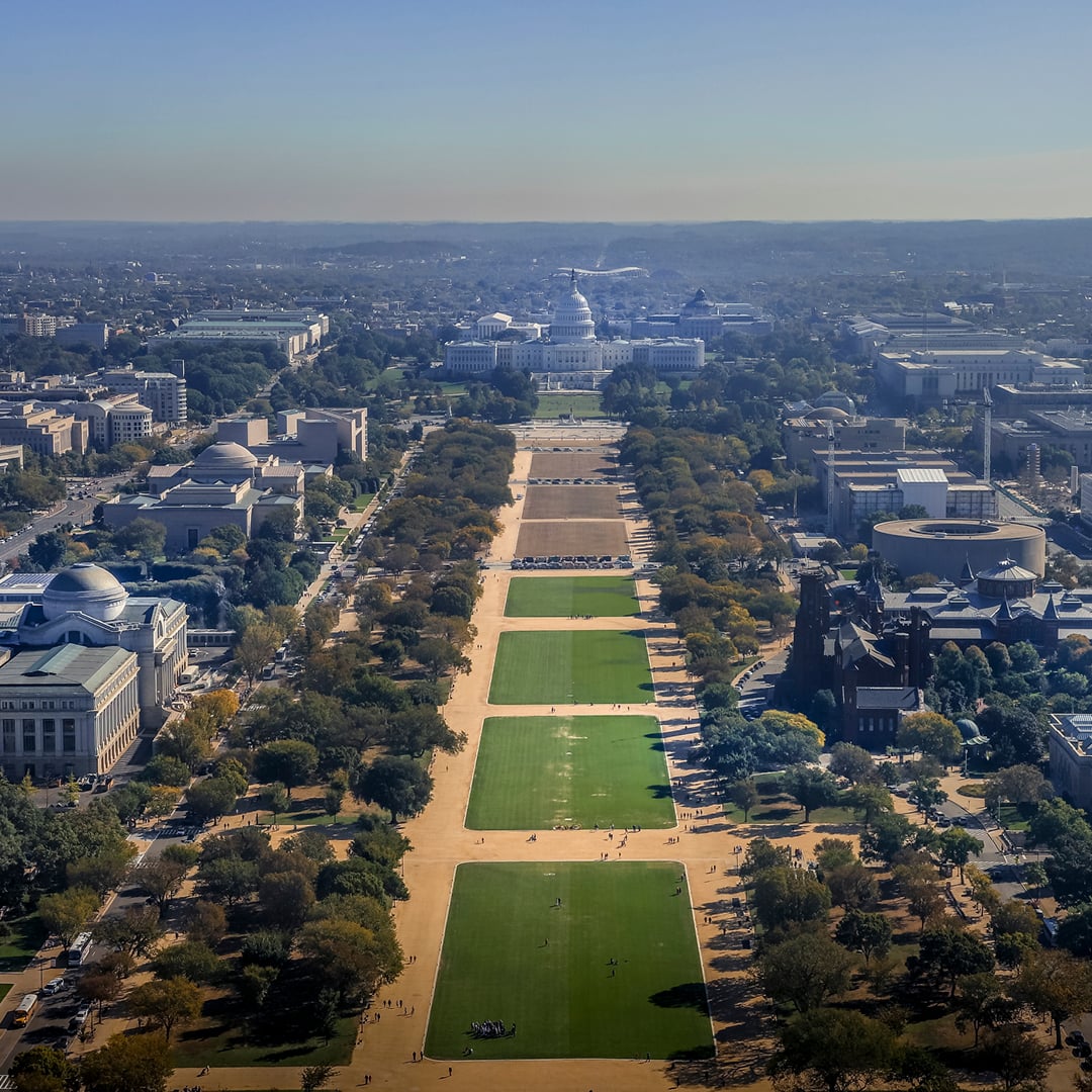Aerial view of the National Mall leading to the US Capitol in Washington, DC