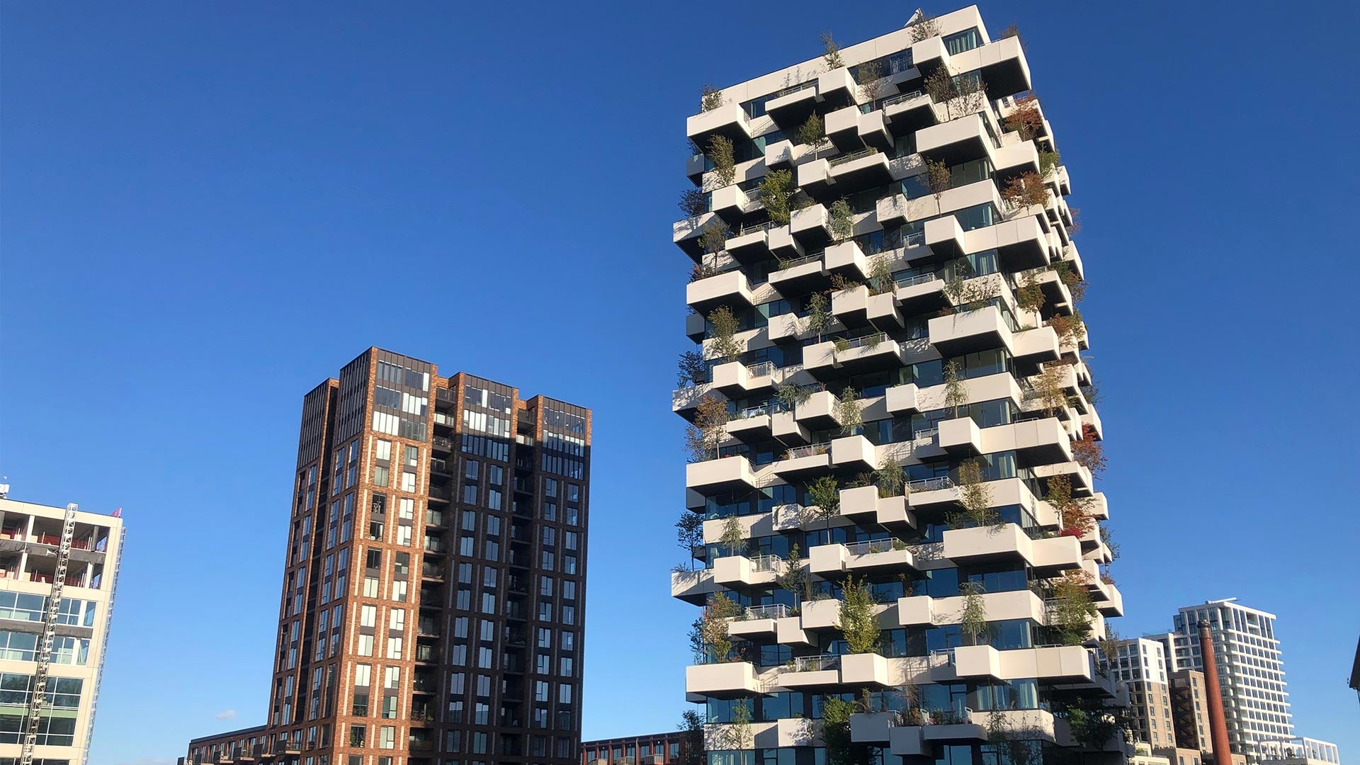 New build and modern residential towers in the city centre of Eindhoven with a bright and blue sky.