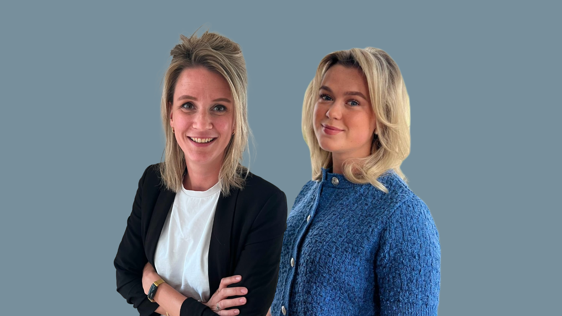 Foto van Quirine Bisignano – Van Steenbergen en Maud Donkers met een blauwe achtergrond