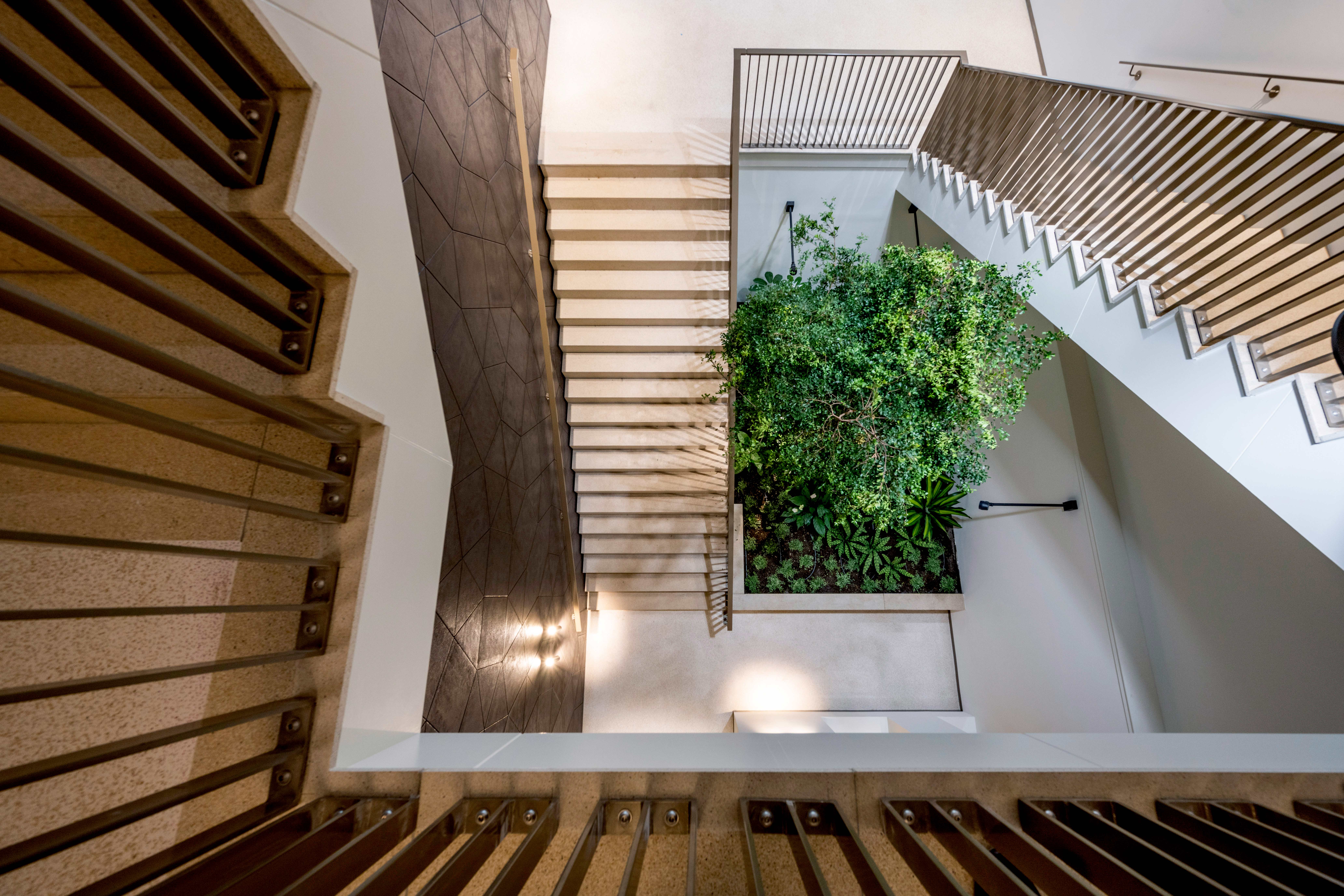 Een interieurarchitecturale ruimte met een overzicht van een trap en een kleine binnentuin, gezien vanaf een hoog standpunt. De foto toont een symmetrisch beeld met een afdalende trap aan de linkerkant en een oplopende trap aan de rechterkant, beide met lichte houten treden, donker houten randen en metalen leuningen. In het midden bevindt zich een groene binnentuin met diverse planten, waardoor een modern en goed ontworpen interieur met natuurlijke elementen wordt benadrukt.