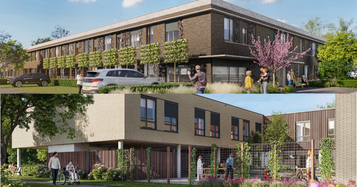 Zorgwoningen gras gebouw blauwe lucht mensen