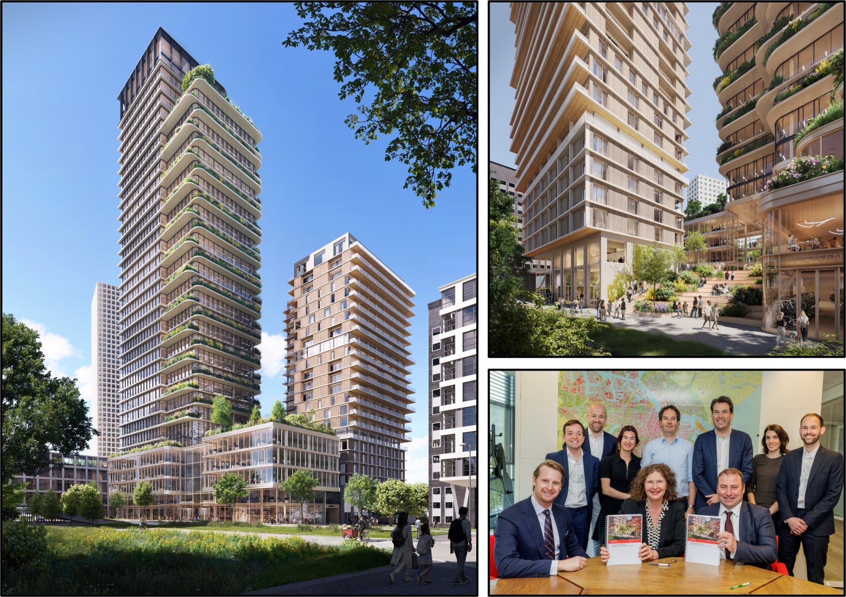 Collage van drie afbeeldingen: Linksboven toont een hoog gebouw met groene terrassen op elk niveau, rechtsboven mensen die lopen in een stedelijke ruimte omringd door moderne architectuur met veel groen, en de onderste afbeelding legt een officieel moment vast waarin documenten worden getekend.
