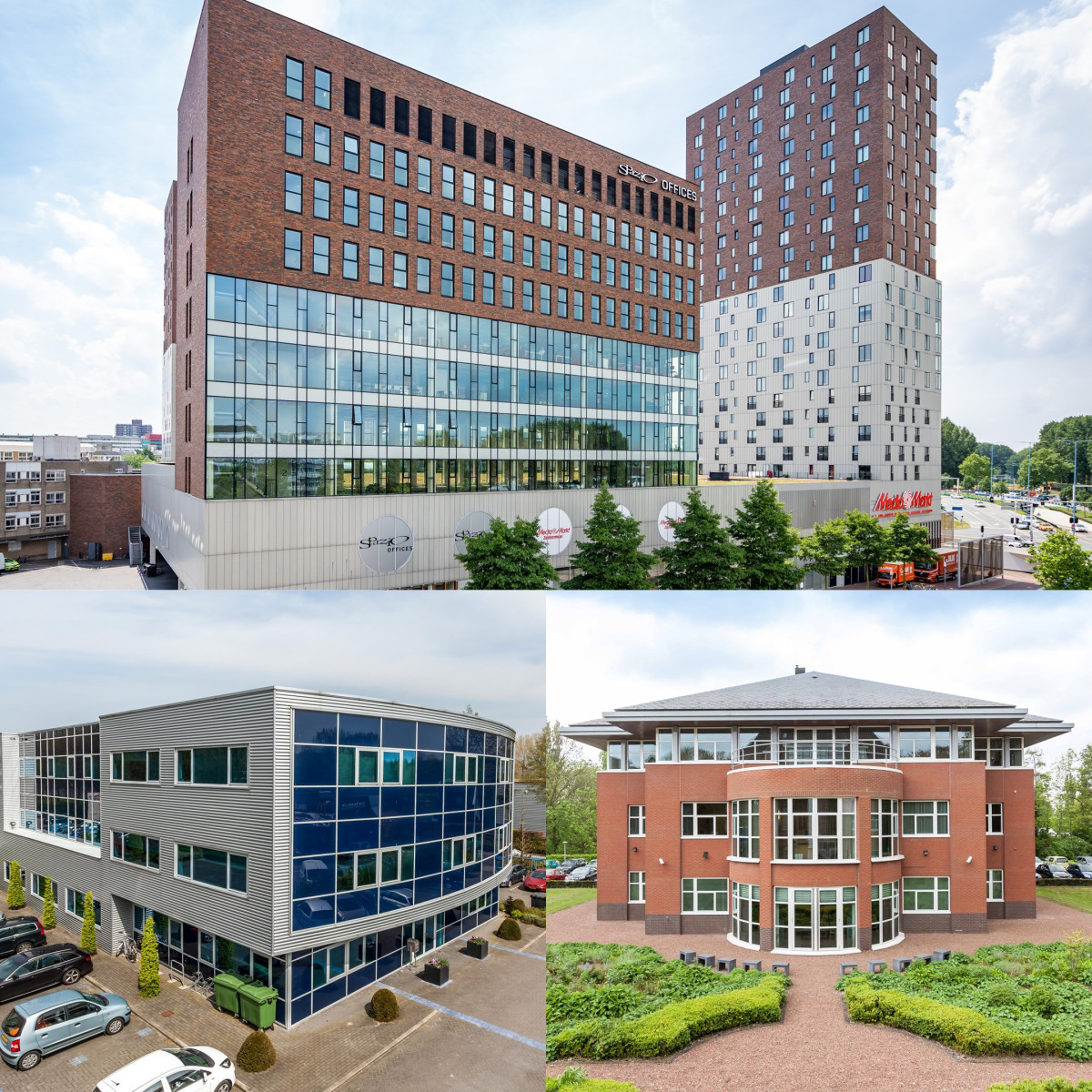 Collage van drie moderne kantoorgebouwen: bovenste gebouw met bakstenen en glazen gevel, middelste gebouw met zilveren gevel en grote ramen, onderste ronde gebouw omgeven door groen.