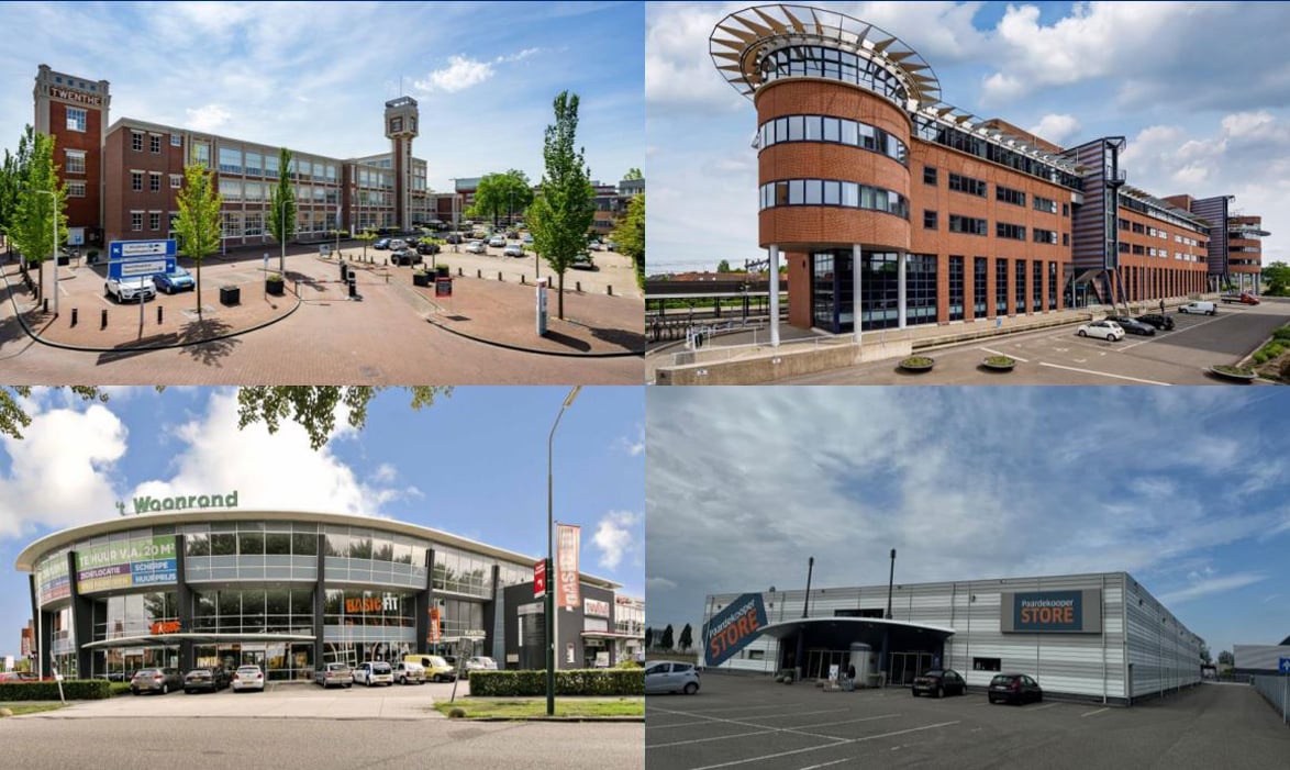 Een collage van een viertal gebouwen met op de voorgrond een parkeerplaats. De bovenste foto's zijn kantoren en de onderste twee een combi van detailhandel en logistiek.