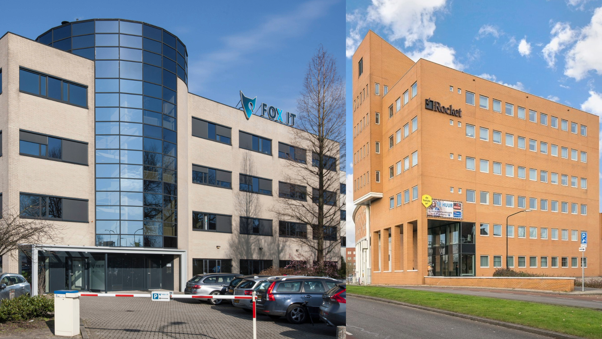 Twee contrasterende gebouwen naast elkaar; aan de linkerkant een modern gebouw met glazen voorgevel en ‘FOX IT’-logo, en aan de rechterkant een oranje bakstenen traditioneel kantoorgebouw.