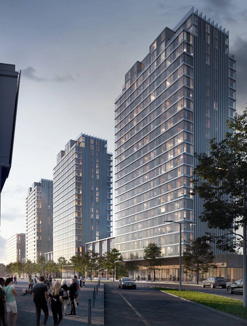 Een moderne stedelijke skyline met hoge glazen wolkenkrabbers en een levendige straat op de voorgrond.