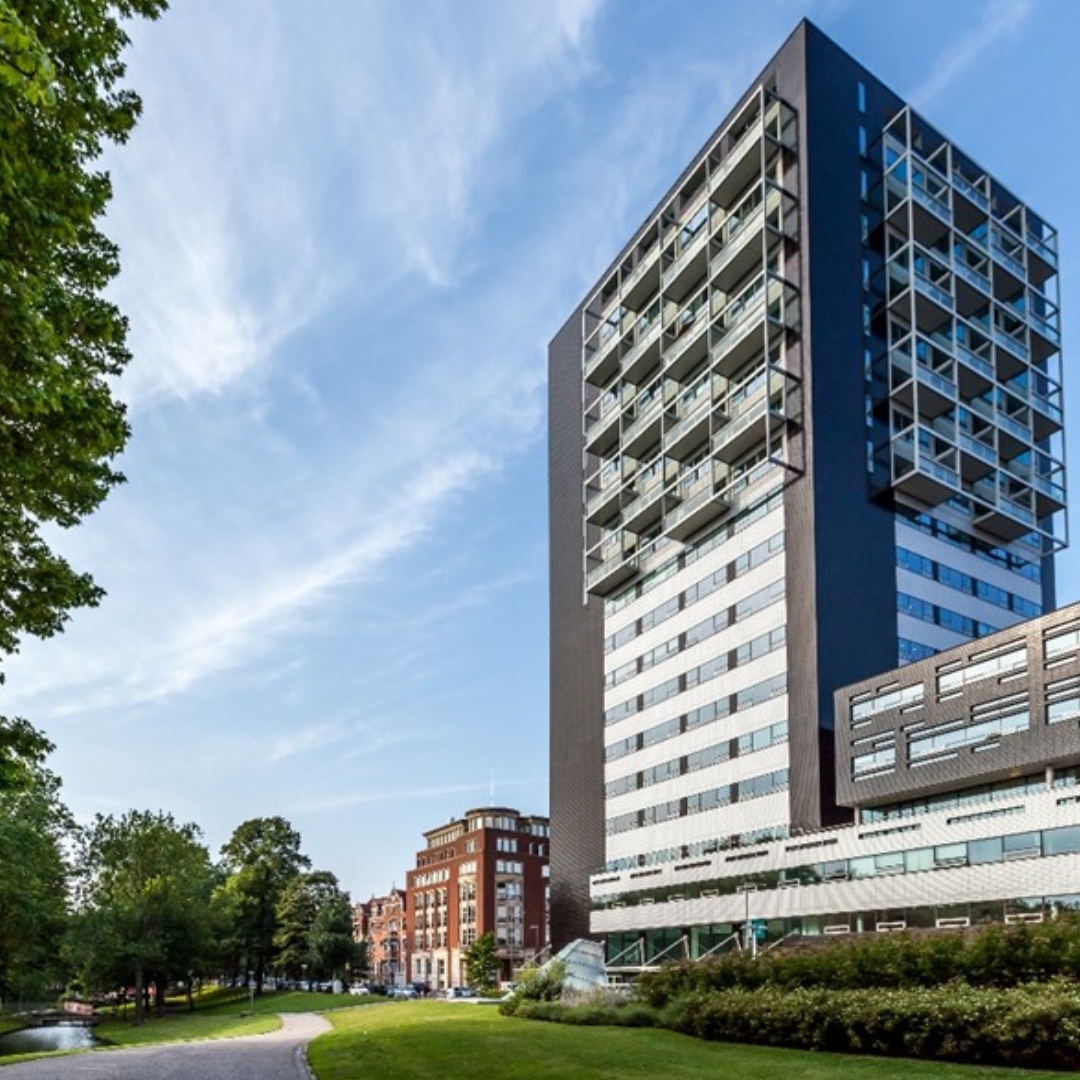 Toren in wijk met boom en blauwe lucht