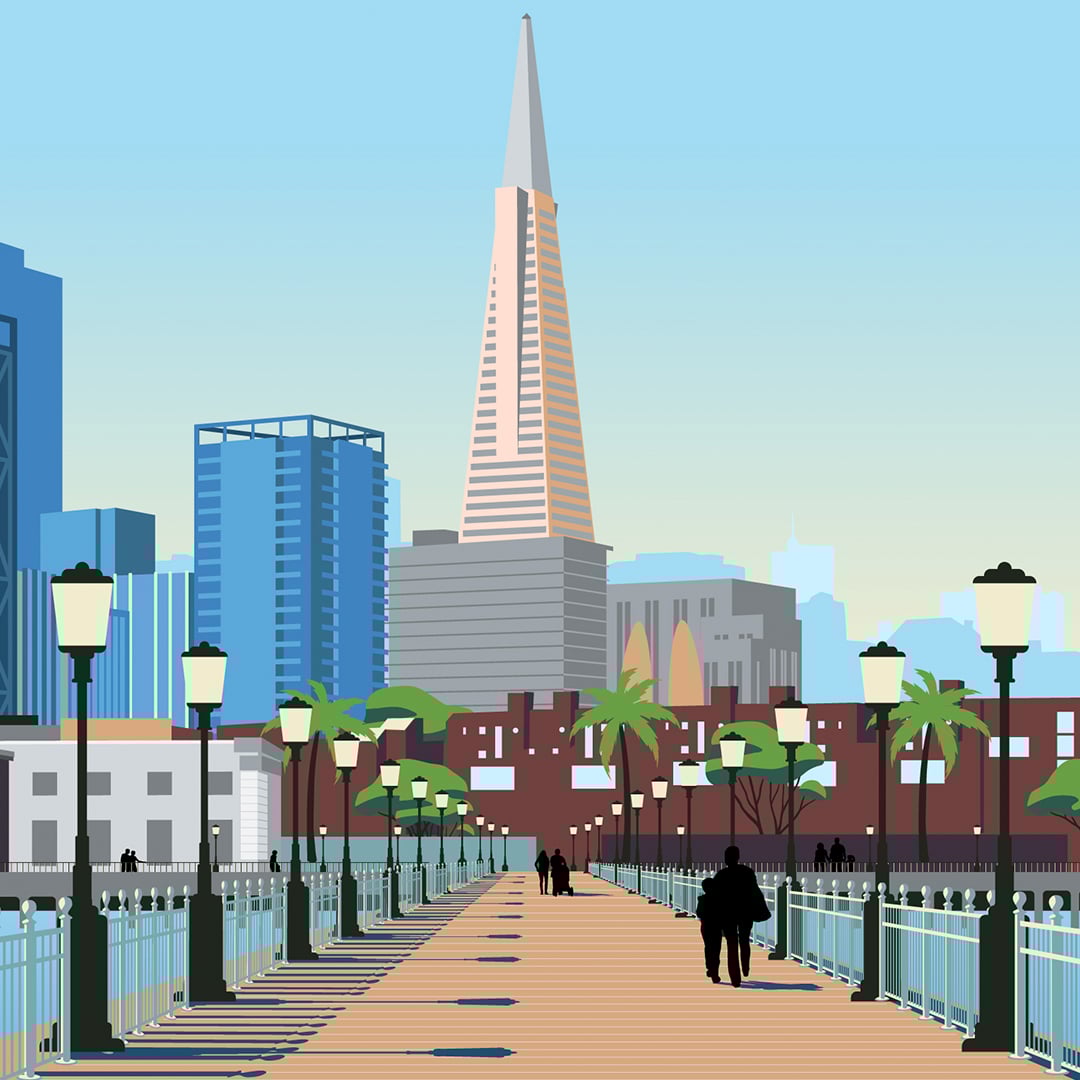 Illustration of a modern city waterfront with the Transamerica Pyramid visible, featuring a pier with people walking. Ideal for commercial real estate or tourism marketing.