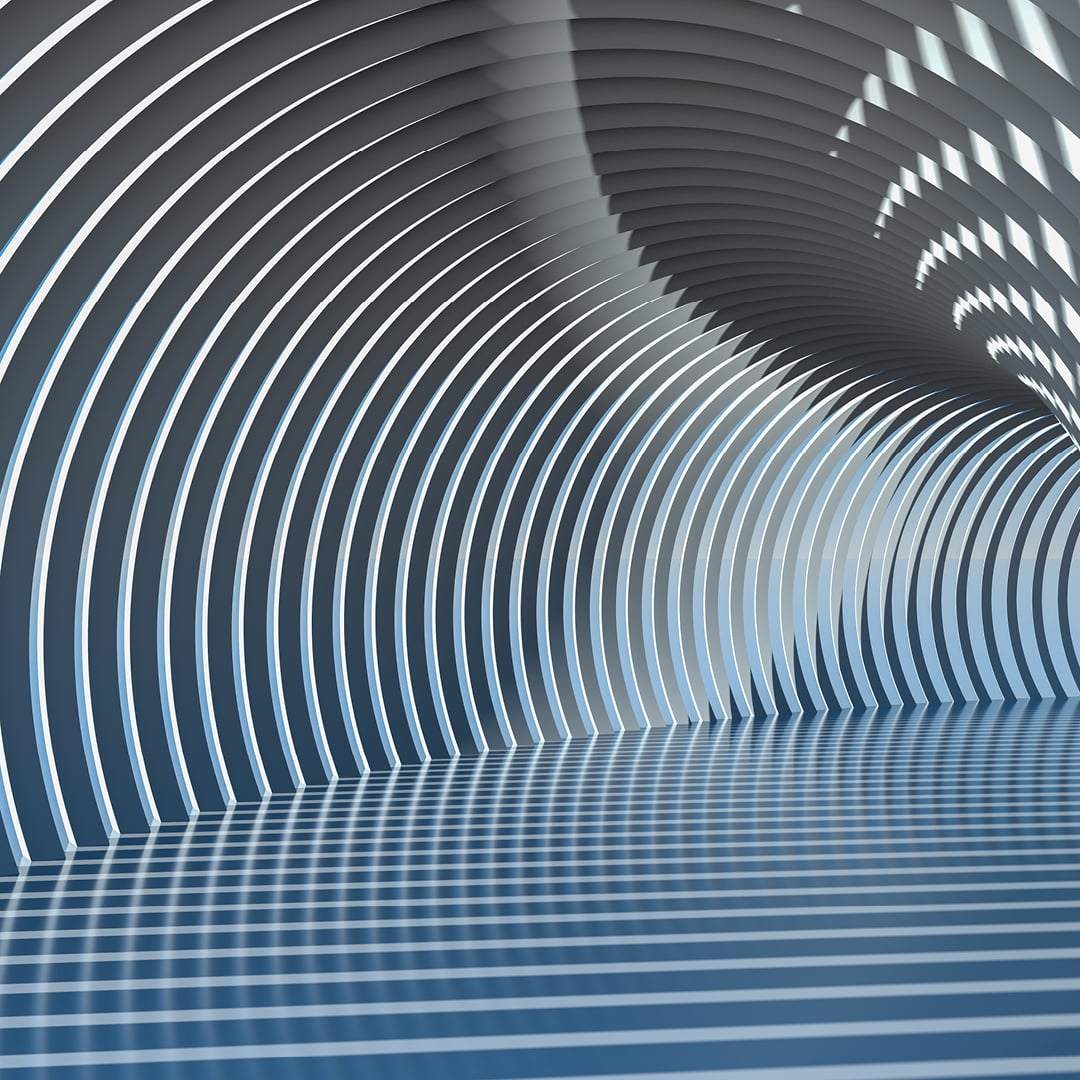 Abstract CGI rendering of a curved architectural tunnel with repeating ribbed steel-blue arches receding to a vanishing point symbolizing forward momentum in commercial real estate.