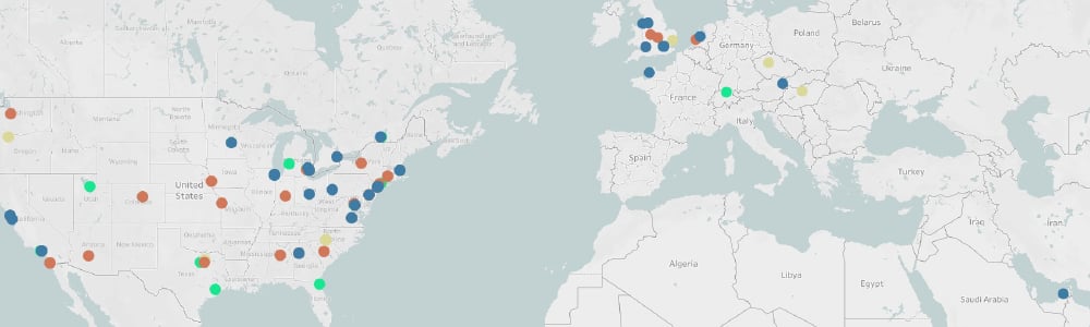 Map: Global commercial real estate portfolio showing properties and company locations across the United States and Europe, color-coded by asset type or market.