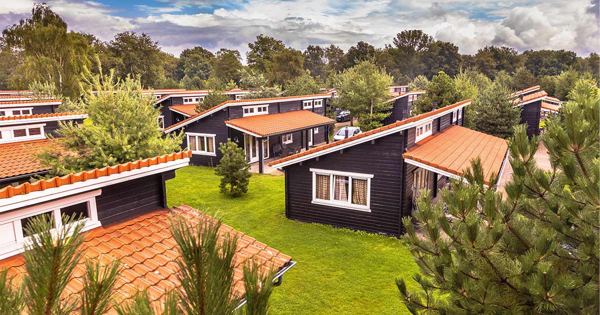 Vakantiepark in Nederland met moderne houten bungalows en rode pannendaken, omgeven door groen en bomen, wat het de ideale bestemming maakt voor een natuurvakantie.