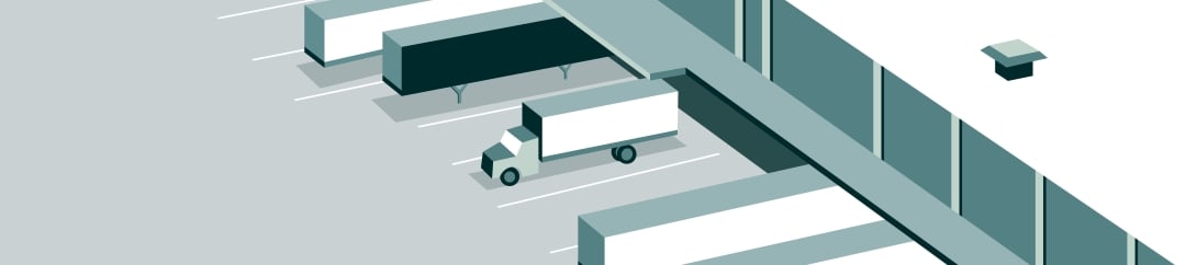 An isometric illustration depicts a truck and several semi-trailers parked at a loading dock next to a large building.