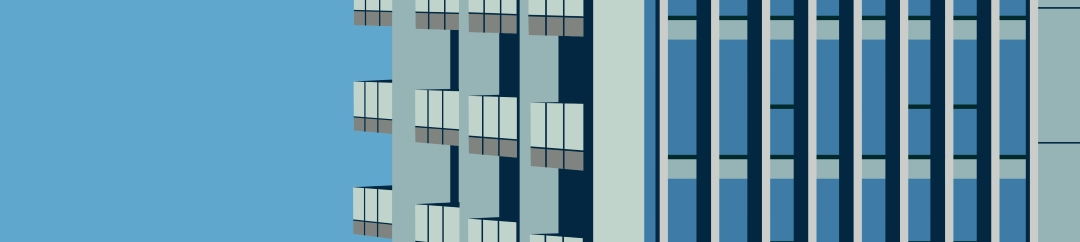 A modern, minimalist illustration of a skyscraper with vertical windows and balconies against a clear blue sky.