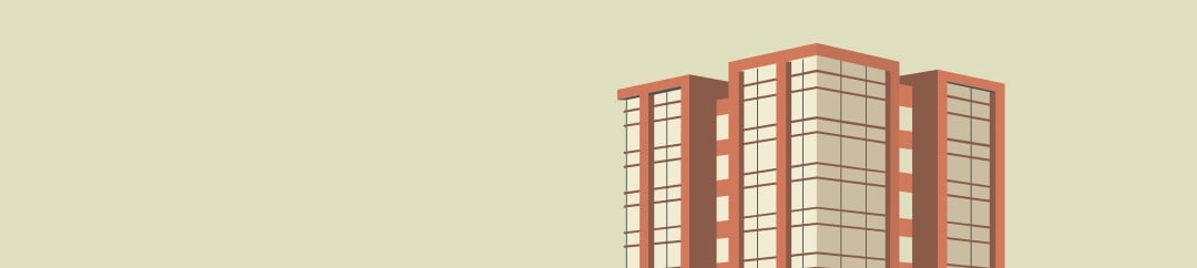 A stylised illustration of three terracotta-coloured high-rise buildings with many windows on a pale yellow background.