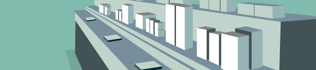 An abstract illustration of a retail precinct with various block-like buildings and platforms in shades of grey and teal.