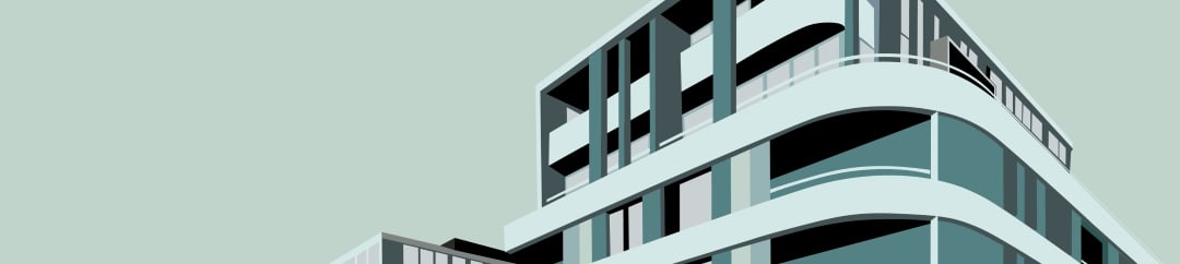 A minimalist vector illustration of a modern building with curved balconies and large windows against a pale green sky.