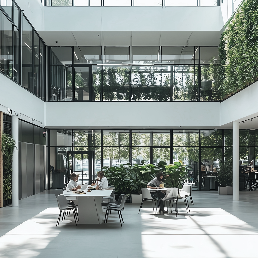 Office interior with minimalistic decor, abundant daylight, and people collaborating in a plant-filled setting.