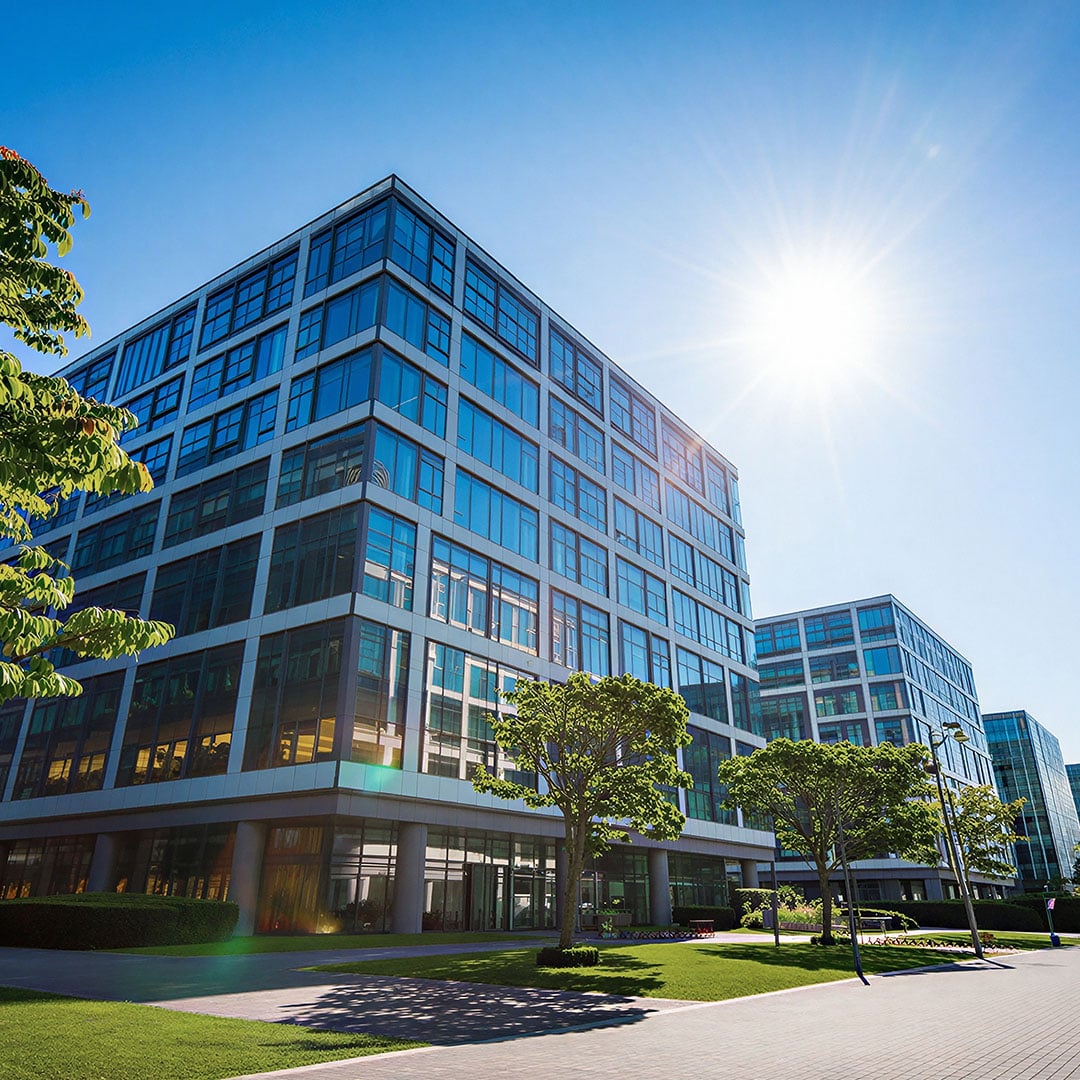 View of a modern office campus with glass‑clad buildings