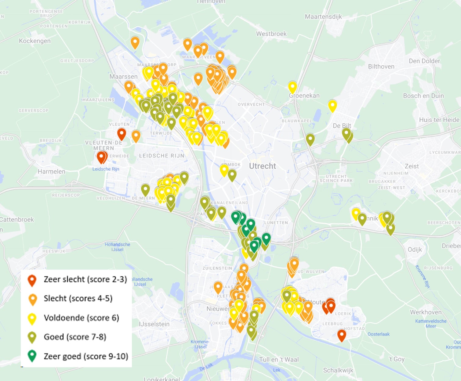 Een map van de omgeving Utrecht met scores die gekoppeld zijn aan gevestigde locaties.
