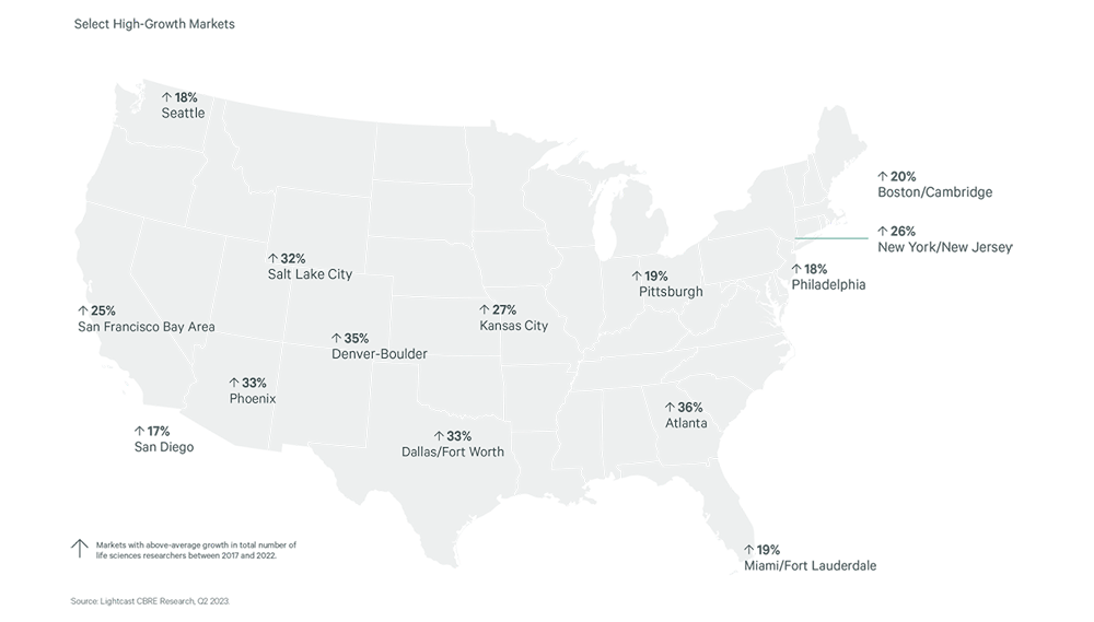 Map of the U.S. with high growth markets highlighted with percentages of growth as described in the paragraph below.