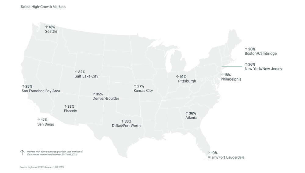 Map of the U.S. with high growth markets highlighted with percentages of growth as described in the paragraph above