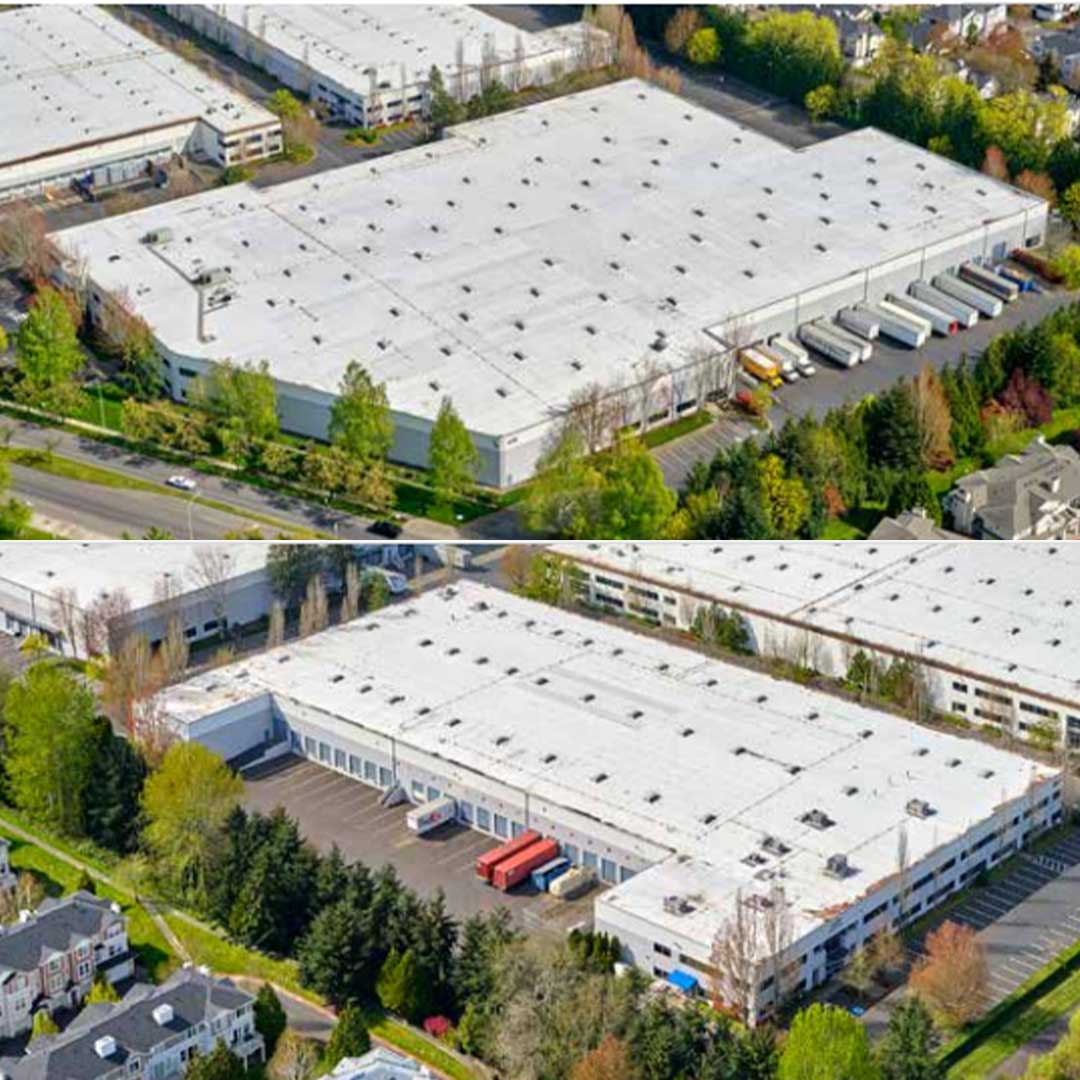 Aerial view of two distribution facilities.