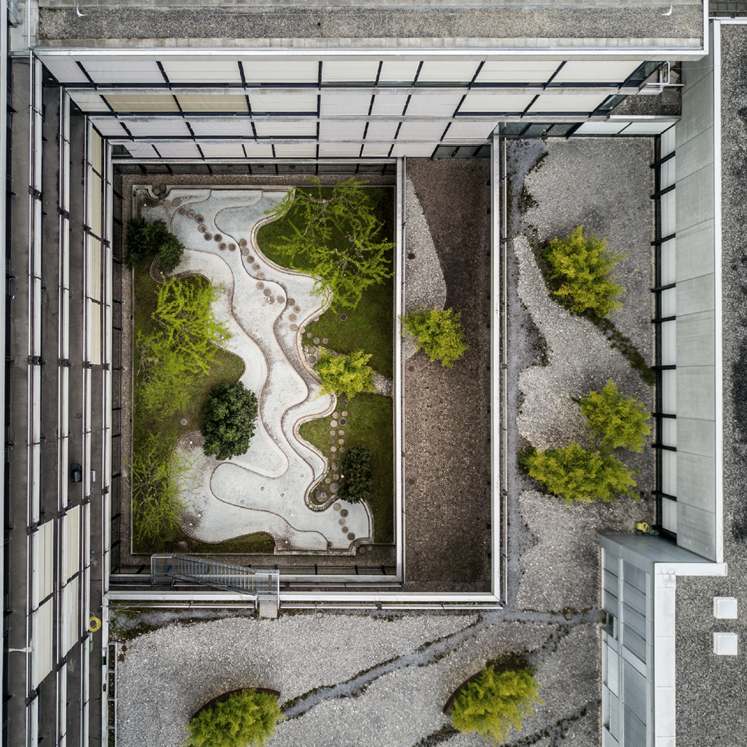 Overhead view of office open-air atrium