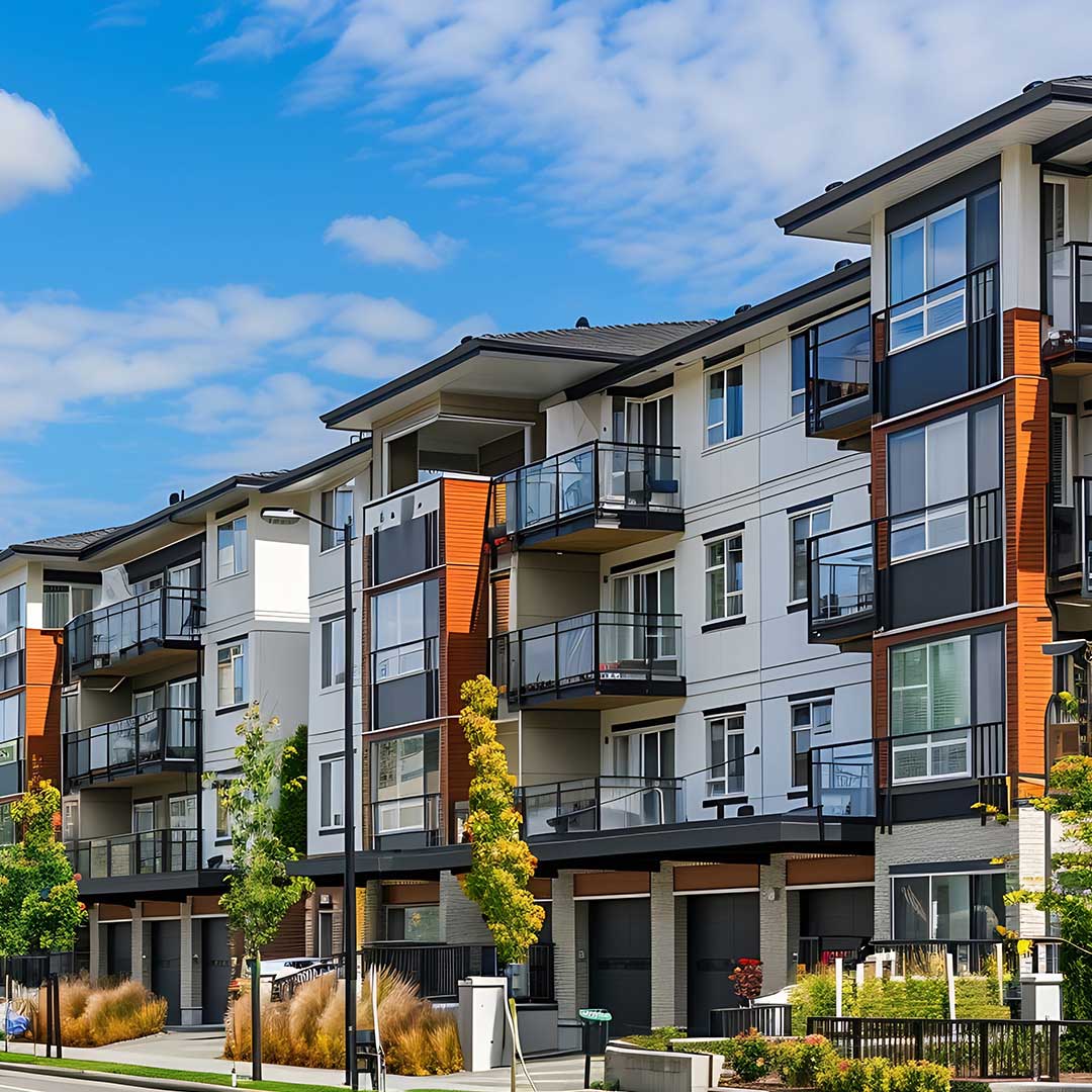 Exterior of multifamily apartment complex with balconies and windows
